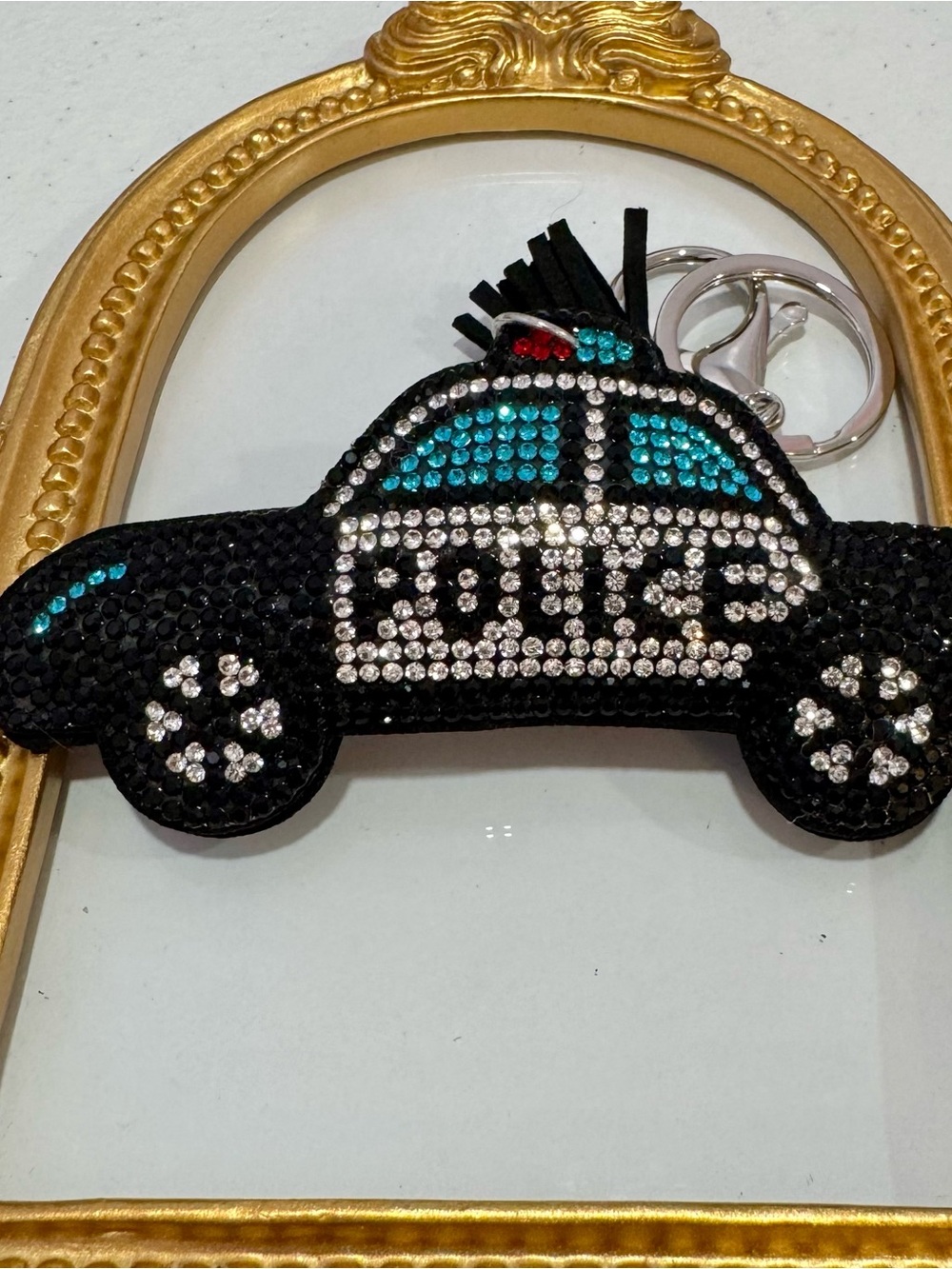 New Rhinestone Police Car Keychain  - Black/Teal